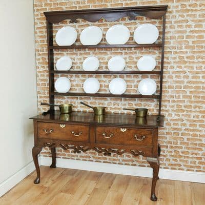 Antique Early Georgian Queen Anne Oak Country Dresser - Open Backed Plate Rack