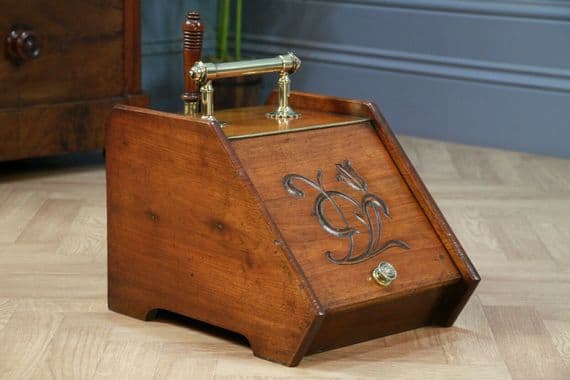Antique Edwardian Art Nouveau Fireside Coal Purdonium Scuttle Box W/Liner Shovel