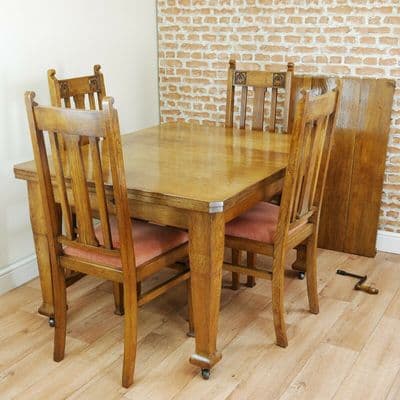 Antique Edwardian Art Nouveau Solid Medium Oak 1 Leaf Wind Out Table & 4 Chairs