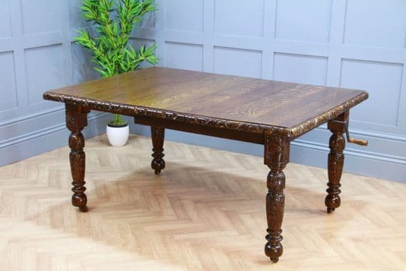 Antique Edwardian Carved Solid Oak 1 Leaf Wind Out Dining Table Restored C1880