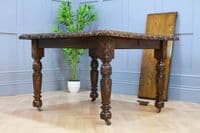 Antique Edwardian Carved Solid Oak 1 Leaf Wind Out Dining Table Restored C1880