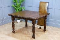Antique Edwardian Carved Solid Oak 1 Leaf Wind Out Dining Table Restored C1880