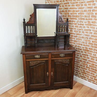 Antique Edwardian Carved Walnut Mirror Backed Hall Sideboard Chiffonier Cupboard