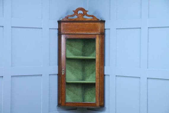 Antique Edwardian Mahogany Inlaid Corner Wall Hanging Cabinet Drinks C1890
