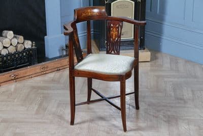 Antique Edwardian Mahogany Inlaid Fretwork Corner Arm Chair New Upholstery C1890