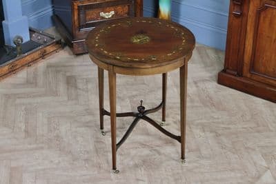 Antique Edwardian Mahogany Inlaid Occasional Hall Lamp Table Painted Top C1890