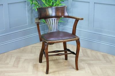 Antique Edwardian Medium Oak Office Carver Desk Chair Smokers Bow Leather 1920's
