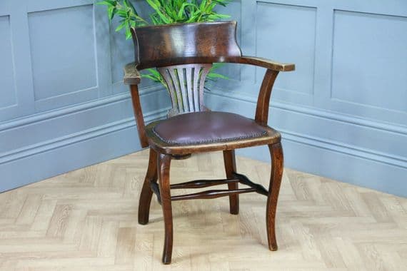 Antique Edwardian Medium Oak Office Carver Desk Chair Smokers Bow Leather 1920's