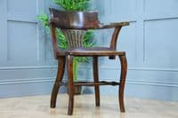 Antique Edwardian Medium Oak Office Carver Desk Chair Smokers Bow Leather 1920's
