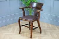 Antique Edwardian Medium Oak Office Carver Desk Chair Smokers Bow Leather 1920's