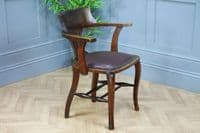 Antique Edwardian Medium Oak Office Carver Desk Chair Smokers Bow Leather 1920's