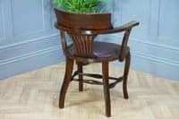 Antique Edwardian Medium Oak Office Carver Desk Chair Smokers Bow Leather 1920's