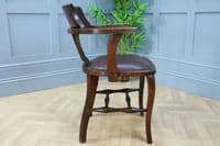 Antique Edwardian Medium Oak Office Carver Desk Chair Smokers Bow Leather 1920's