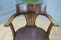 Antique Edwardian Medium Oak Office Carver Desk Chair Smokers Bow Leather 1920's