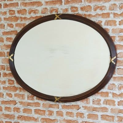 Antique Edwardian Reeded Mahogany Bevelled Edge Oval Wall Mirror Landscape