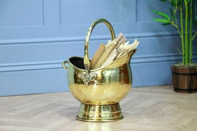 Antique Edwardian Solid Brass Helmet Coal Bucket Fireside Scuttle Kindling Log
