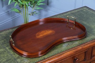 Antique Edwardian Solid Mahogany Kidney Shaped Inlaid Serving Tray Waiters Butlers C1900