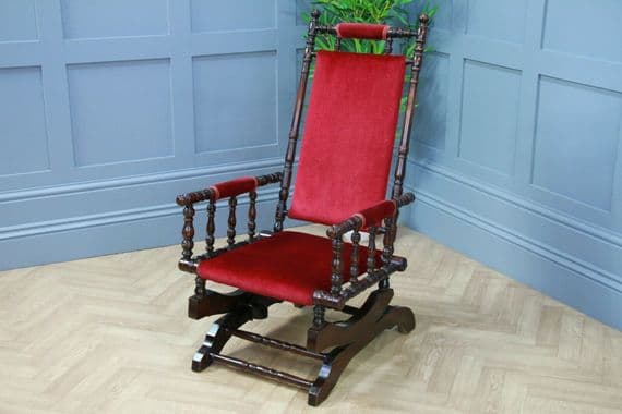 Antique Edwardian Upholstered American Turned Rocking Chair 1900 Vintage