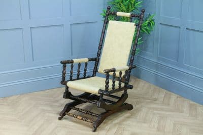 Antique Edwardian Upholstered American Turned Rocking Chair Vintage C1900
