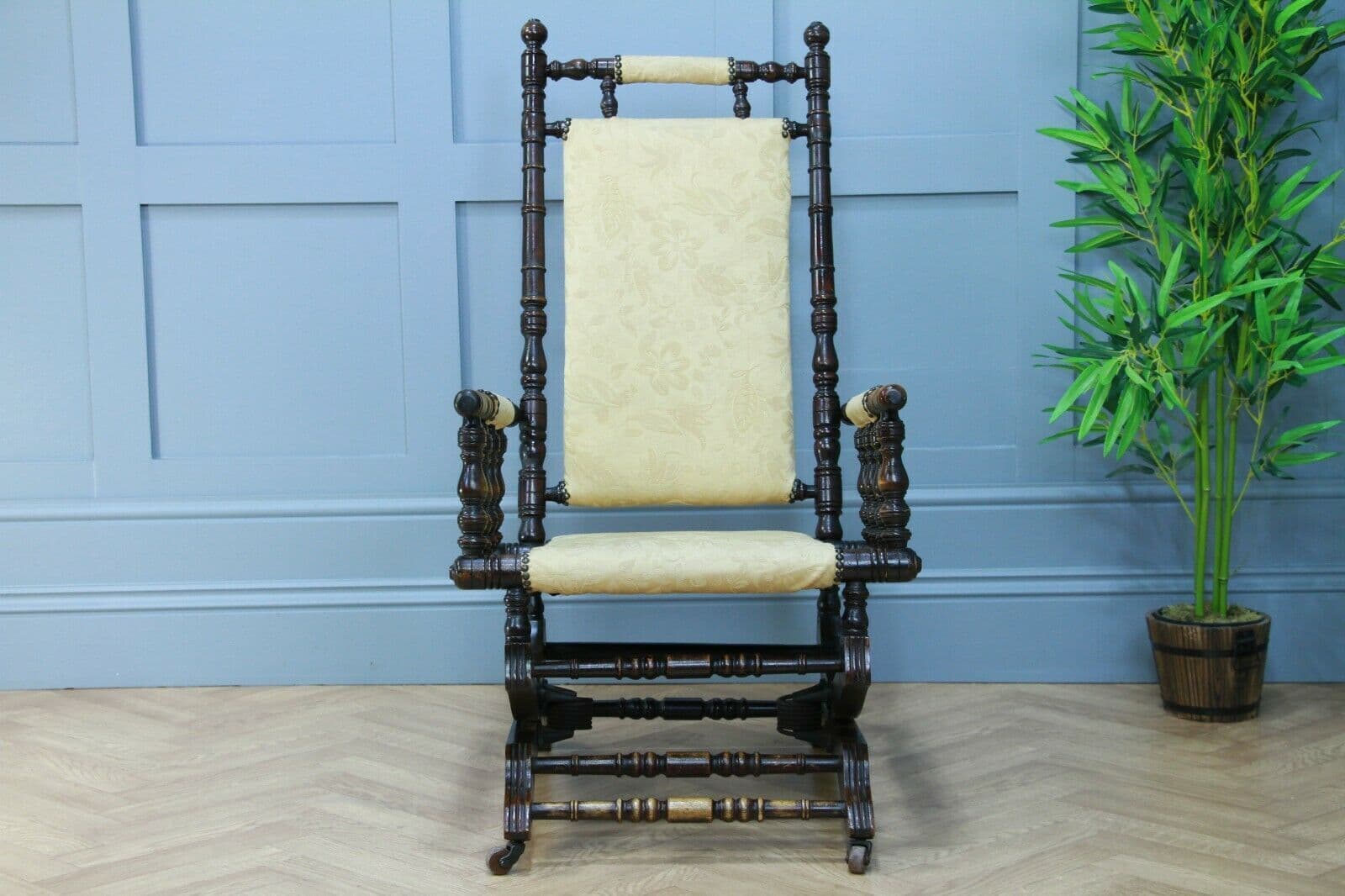 Antique Edwardian Upholstered American Turned Rocking Chair Vintage C1900