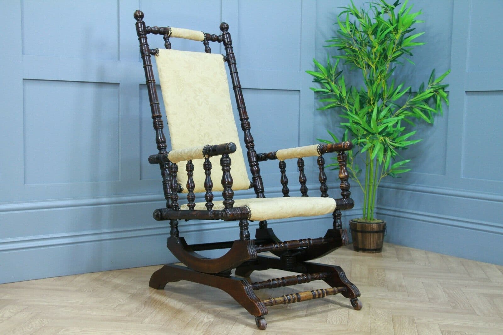 Antique Edwardian Upholstered American Turned Rocking Chair Vintage C1900