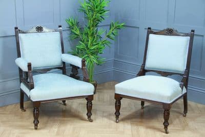 Antique Edwardian Upholstered Carved Mahogany Ladies & Gents Arm Chairs Fireside