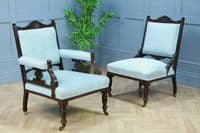 Antique Edwardian Upholstered Carved Mahogany Ladies & Gents Arm Chairs Fireside