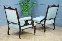 Antique Edwardian Upholstered Carved Mahogany Ladies & Gents Arm Chairs Fireside