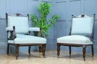 Antique Edwardian Upholstered Carved Mahogany Ladies & Gents Arm Chairs Fireside