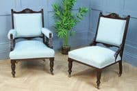 Antique Edwardian Upholstered Carved Mahogany Ladies & Gents Arm Chairs Fireside