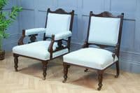 Antique Edwardian Upholstered Carved Mahogany Ladies & Gents Arm Chairs Fireside