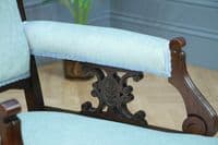 Antique Edwardian Upholstered Carved Mahogany Ladies & Gents Arm Chairs Fireside