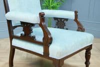 Antique Edwardian Upholstered Carved Mahogany Ladies & Gents Arm Chairs Fireside