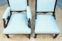 Antique Edwardian Upholstered Carved Mahogany Ladies & Gents Arm Chairs Fireside