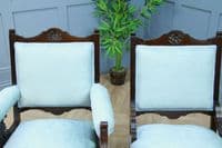 Antique Edwardian Upholstered Carved Mahogany Ladies & Gents Arm Chairs Fireside
