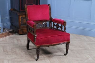 Antique Edwardian Walnut Carved Armchair Occasional Parlour Upholstered Chair