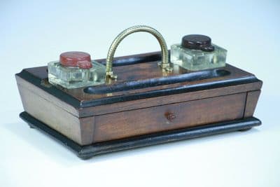 Antique Edwardian Writing Inkstand Two Inkwell Desk Tidy Companion With Drawer