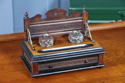Antique Edwardian Writing Inkstand Two Inkwell Desk Tidy Companion With Drawer