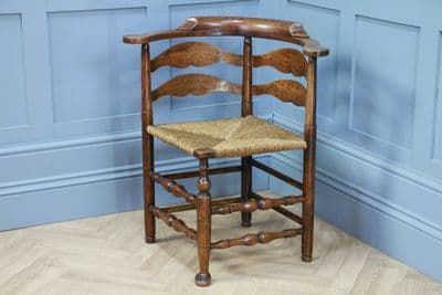 Antique Georgian Country Handmade Solid Ash Hoof Foot Rush Seated Corner Chair