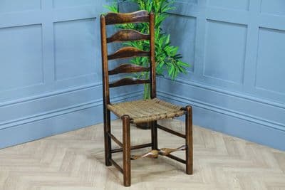 Antique Georgian Country Made Primitive Solid Ash Rope Seated Ladder Back Chair