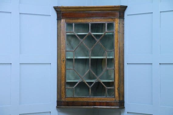 Antique Georgian Oak & Mahogany Glazed Corner Wall Hanging Cabinet Drinks C1820