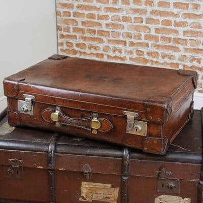 Antique 'JOHN POUND & Co LONDON' Leather Suitcase Steamer Trunk Vintage C1930