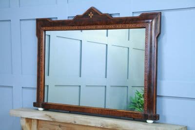 Antique Late Victorian Burr Walnut Tunbridge Ware Inlaid Over Mantle Mirror 1890