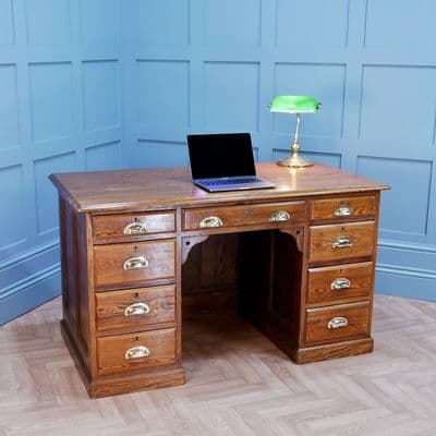 Antique Late Victorian Pitch Pine 9 Drawer Twin Pedestal Teachers Writing Desk