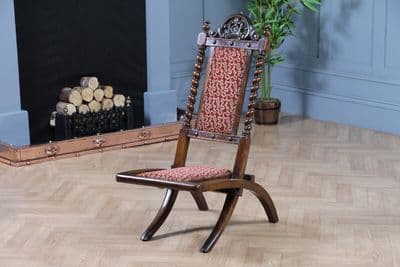 Antique Late Victorian Small Upholstered Carved Folding Campaign Chair Seat 1880