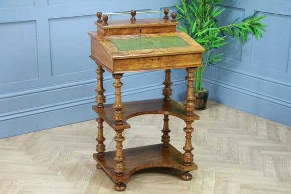 Antique Late Victorian Walnut Open Shelf Davenport Desk Inlaid Bureau Original