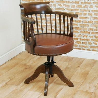 Antique Original Edwardian Mahogany Revolving Smokers Bow Office Desk Arm Chair