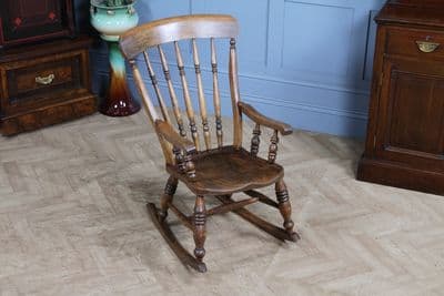 Antique Original Victorian Elm Seat Spindle Back Fireside Rocking Chair C1880
