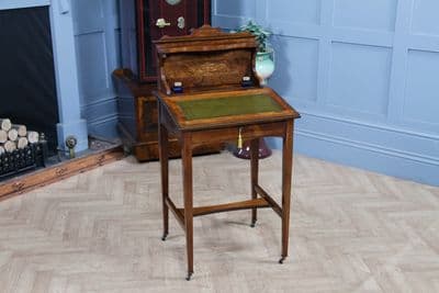 Antique Small Rosewood Writing Desk Inlaid Ladies 'Bonheur Du Jour' Lockable C1890