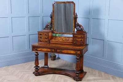 Antique Victorian Burr Walnut & Ebonised Piano Topped Carved Duchess Dressing Table With Mirror 1860